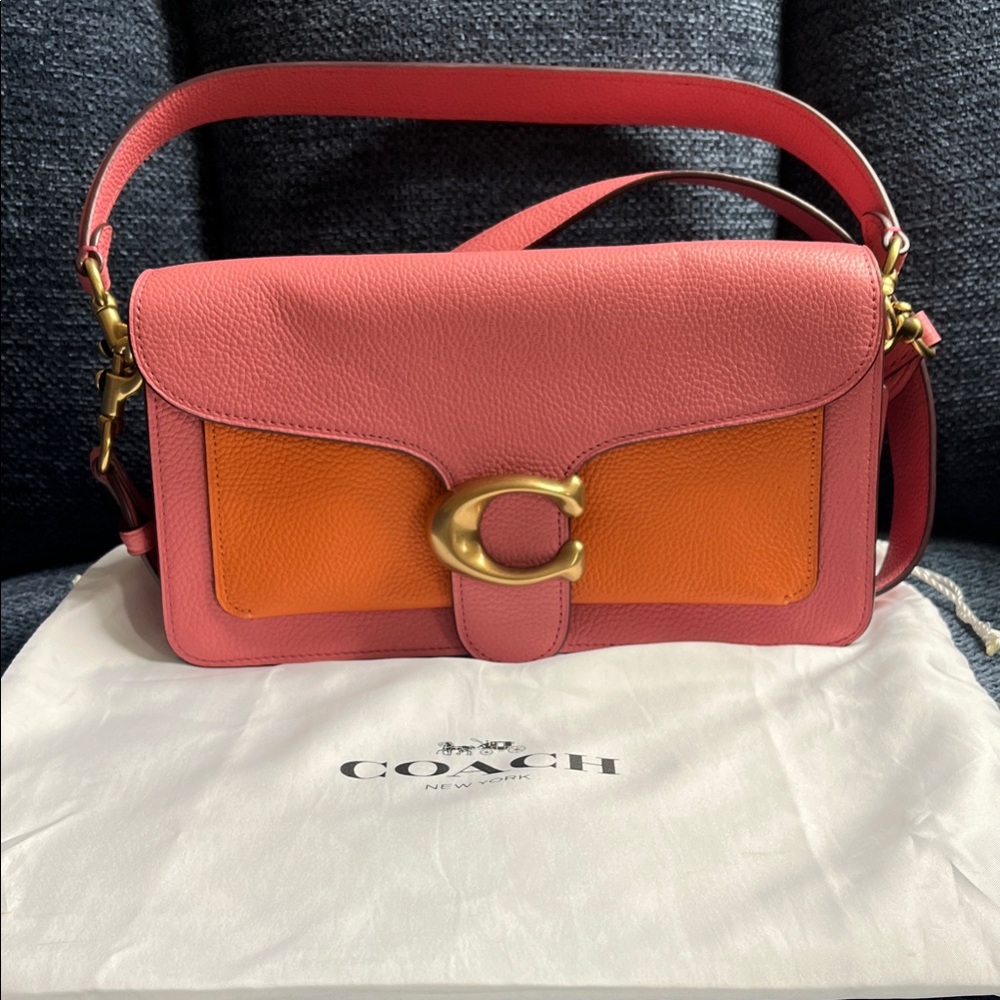 Coach Pink and Orange Colorblock Pebbled Leather Shoulder Tabby Bag